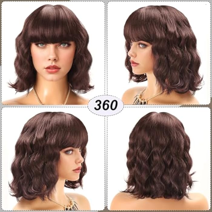DILLARDS Brown Short Wavy Wigs For Black Women Synthetic Curly Black Bob Wig With Bangs Heat Resistant Cosplay Wig For Wome Dark Brownn - Image 4